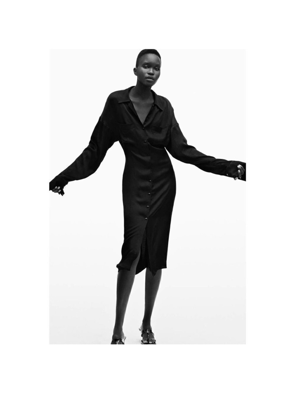 Zara Black Button-Front Midi Shirt Dress